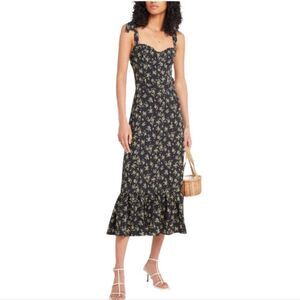 o.p.t. Toile De Jouy Midi Dress Ruffle Tie Straps Black Floral Size Large